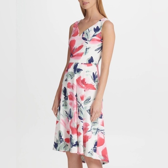 DKNY Dresses Floral Dresses DKNY Womens Pink Sleeveless V Neck Midi Fit Flare - Picture 2 of 11